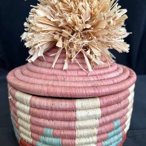 Handcrafted Pink and Cream Woven Basket with Lid